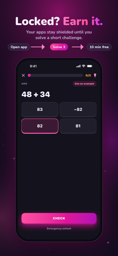 A math challenge unlocks 10 minutes